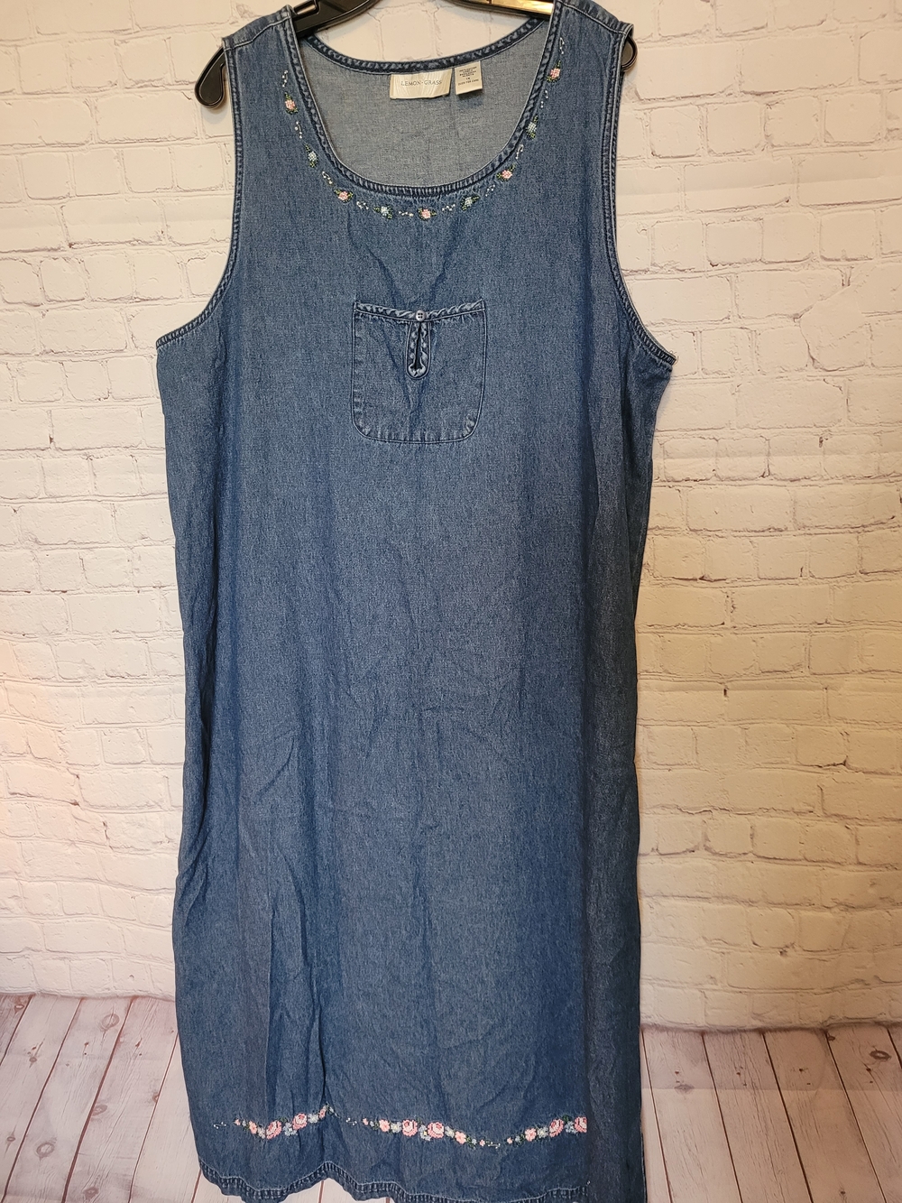 Vintage Denim Size 1X Jumper Maxi Dress Lemon Grass Embroidered Flower Trim